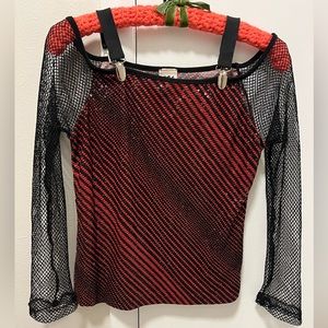 🌺🌺HP🌺🌺 Y2K 5 7 9 red and black fishnet sleeve shirt with stripes, sequins Size M